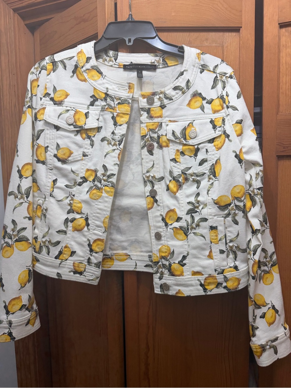 White House Black Market White Lemon-Print Denim Jacket